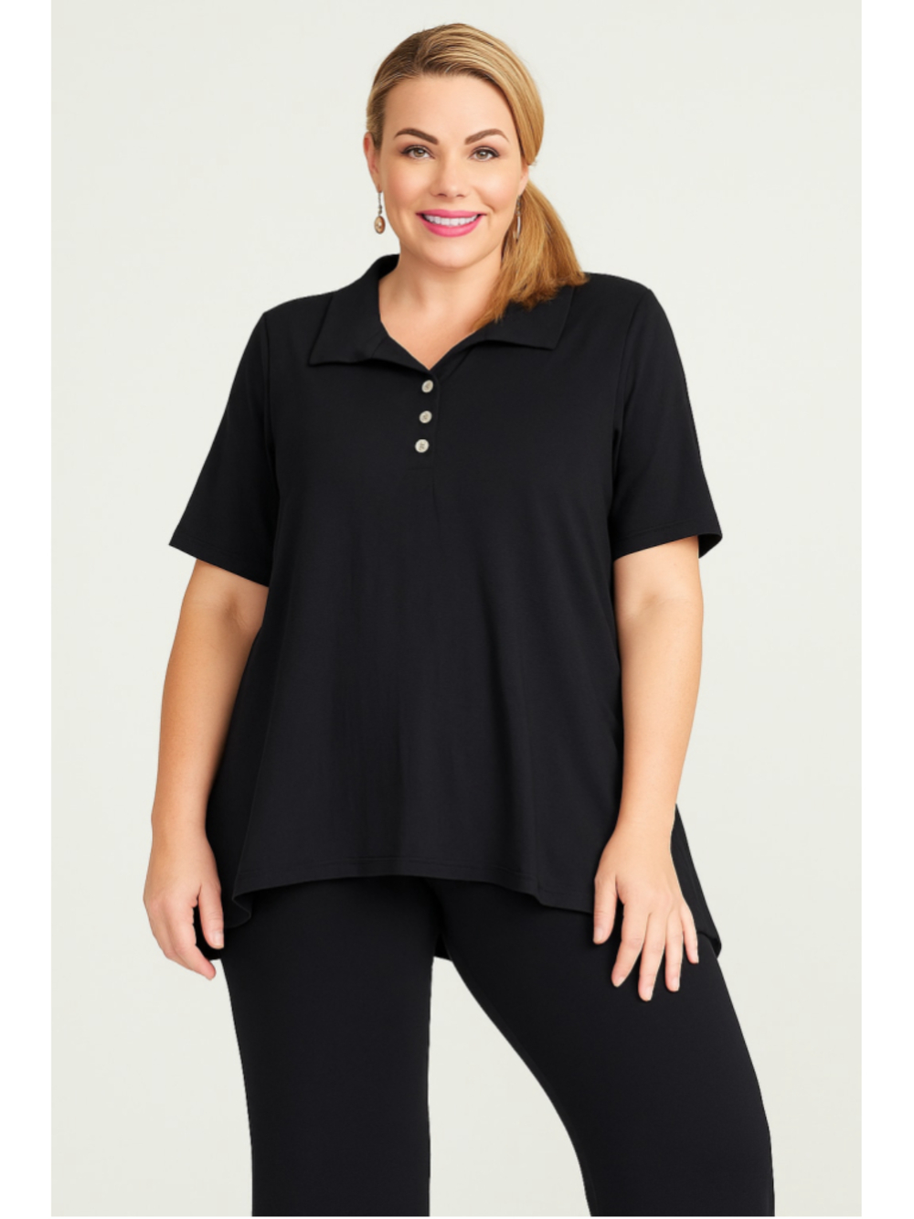 Plus Size 4XL Black Polo Tunic Top Rayon Spandex Stretch Button Front